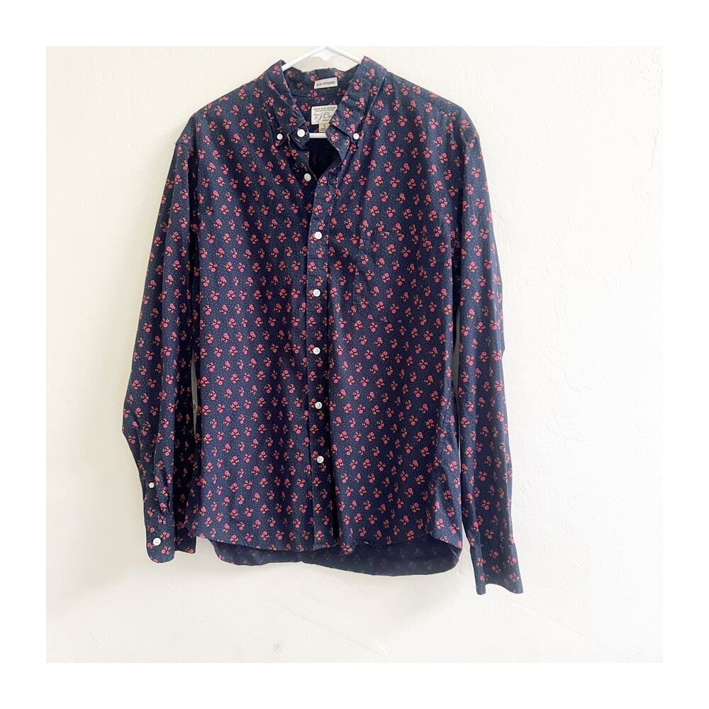 J.CREW Untucked Shirt Men L Navy Floral Secret Wash Organic Cotton Button Up